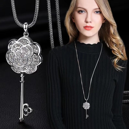 Key Looking Crystal Long Chain Necklace