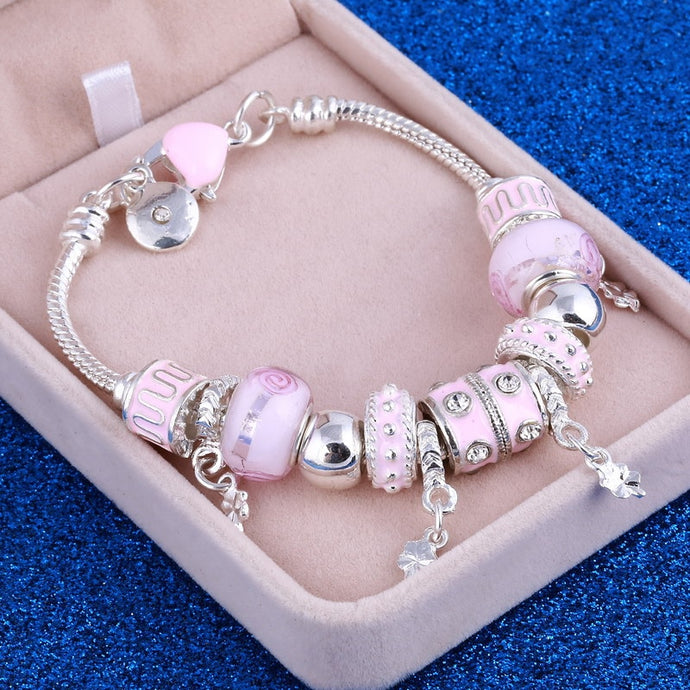 Pink Beaded Silver Bracelet