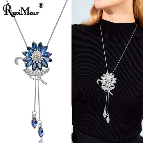 Sunflower Long Chain Blue Necklace