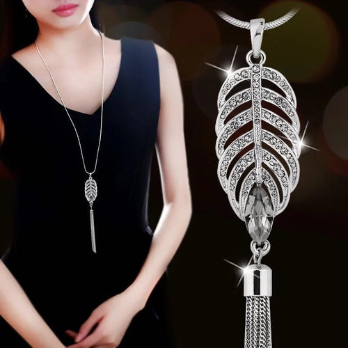 Leaf Feather Tassels Long Chain Necklace