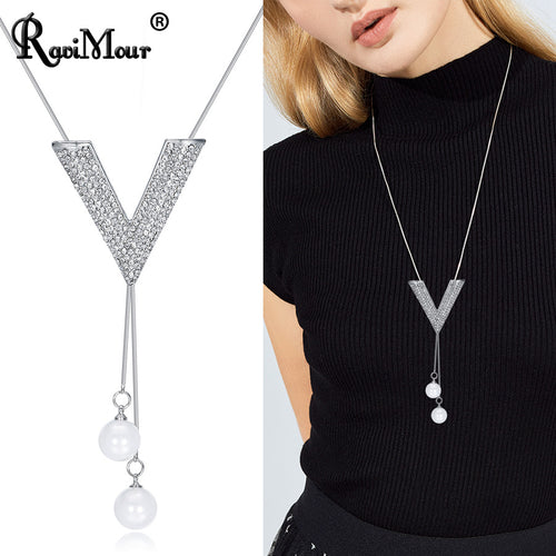 Large V Crystal Coated Long Chain Necklace